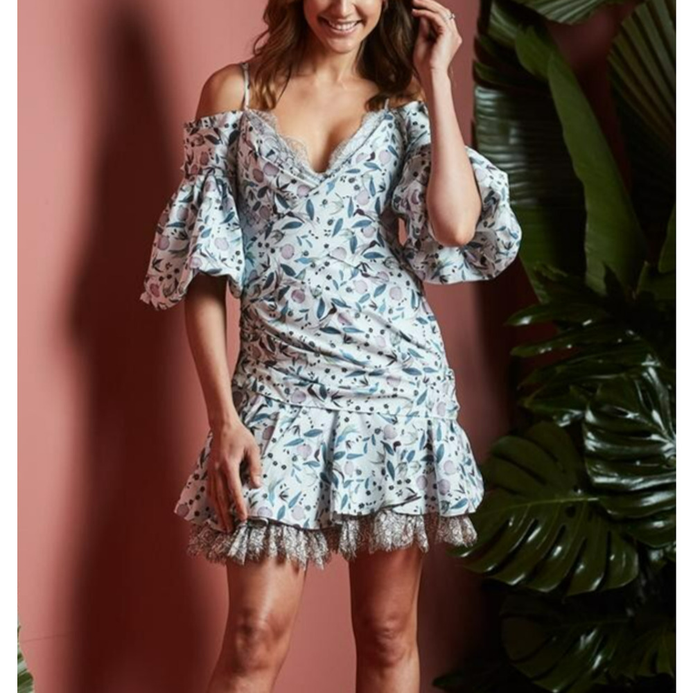 Acler Mini Wrap Dress Size 2 Botanical Floral Cotton Silk Lace Cottagecore Boho